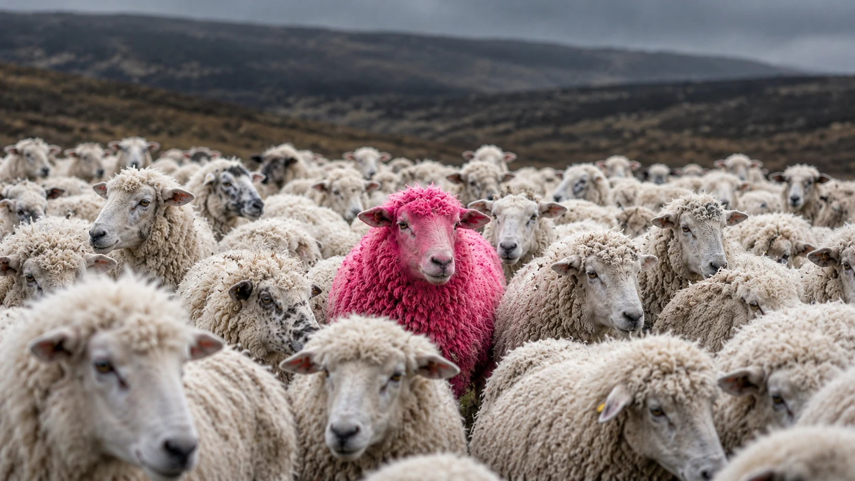 A large flock of individual white sheep looking generally forward, with one vivid pink sheep in the middle