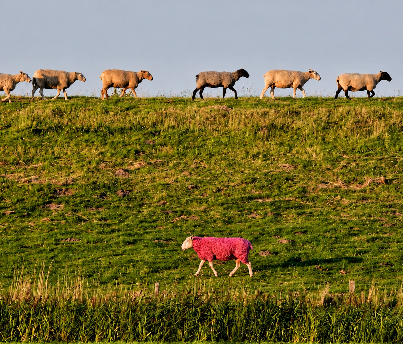 A pink sheep walks right across a grassy hillside while the flock above walks left