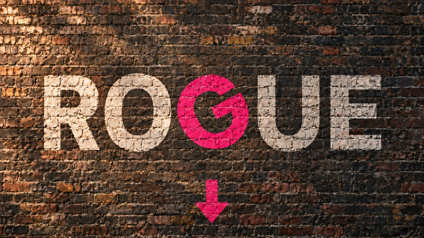 ROGUE painted on a brick wall, with the pink G tilted upwards and a matching pink downward-pointing painted arrow below